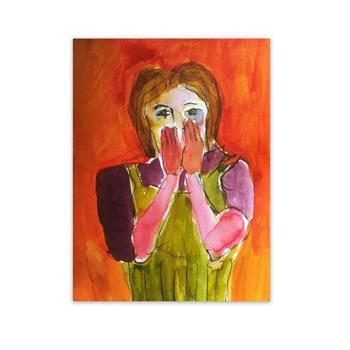 small watercolour painting of a woman with her hands over her mouth