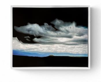 realism painting of a stormy sky with sliver of landscape