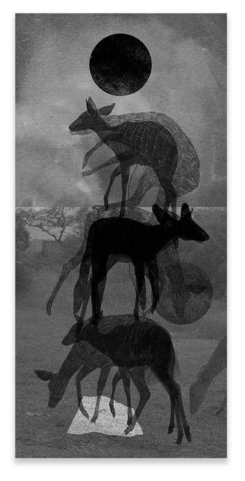 black and white digital artwork of 3 antelope under a sun