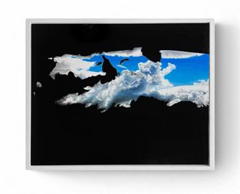 photorealism oil painting of dark clouds in a blue sky