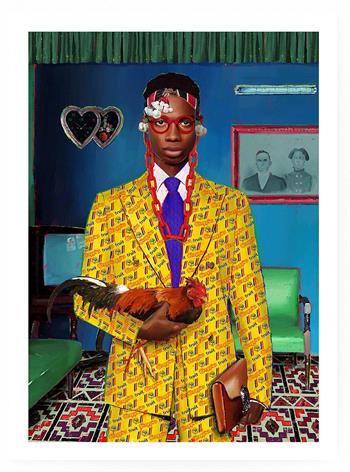 painting of a young African man in a yellow suit holding a chicken