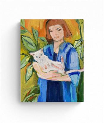 small painting of a girl with red hair holding a white cat