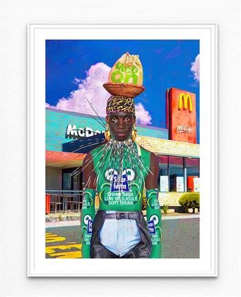 digital painting of an African man standing outside McDonalds