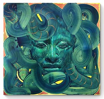 large oil painting of a green face underwater