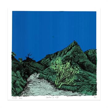 artwork depicting mountains and trees at night