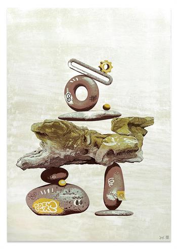 contemporary hand made art print on paper of yellow rocks and objects