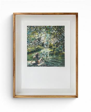 framed painting of young woman in a bathing suit next to a river