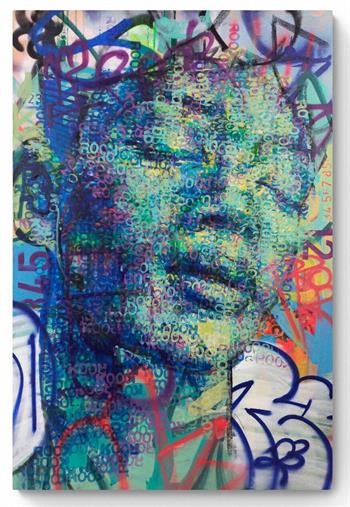 large graffiti style portrait painting in shades of green and blue