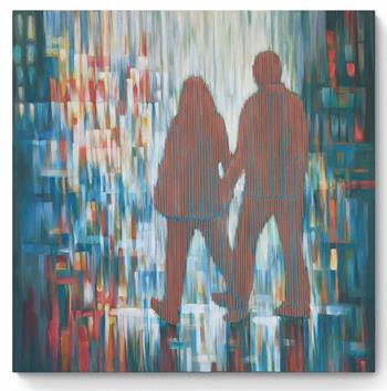 large oil painting with orange embroidery of two people walking