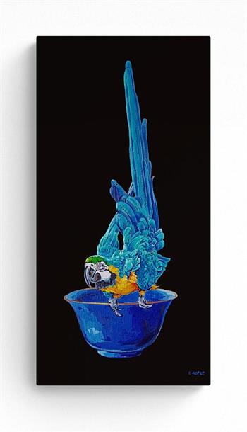 painting on canvas of a blue parrot perched on the edge of a blue bowl