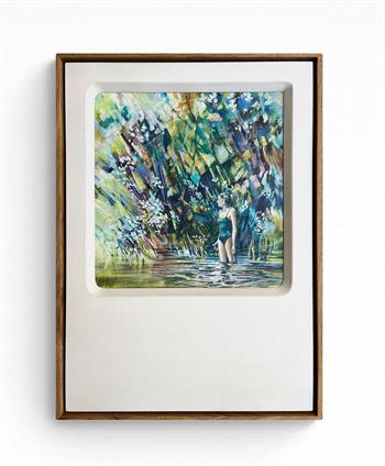 retro framed painting of a young woman in bathing suit swimming 