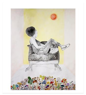 arge-scale artwork on paper of a seated African woman in a surrealistic scene