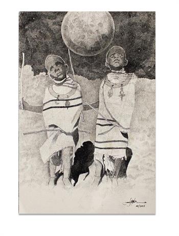 detailed ink drawing of two African boy initiates