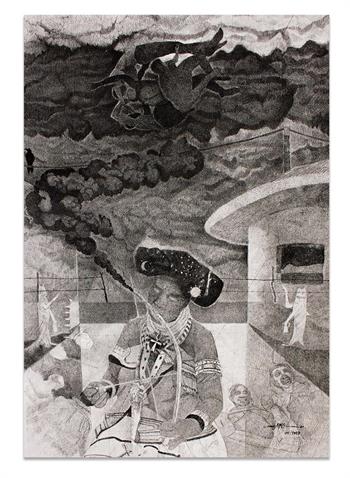detailed ink drawing of a Xhosa woman playing a musical instrument