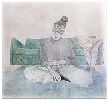 large-scale detailed drawing on paper of a young woman seated on a green sofa