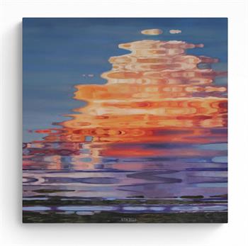 oil painting of clouds tinged with pink and orange in a blue sky