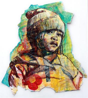collage artwork on card of a young boy wearing a jacket and beanie