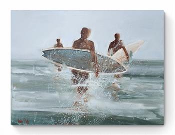 large oil painting of surfers on the beach by Nicole Pletts