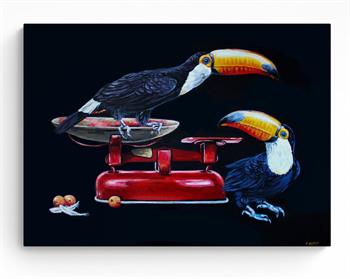 still life painting of two hornbill birds 