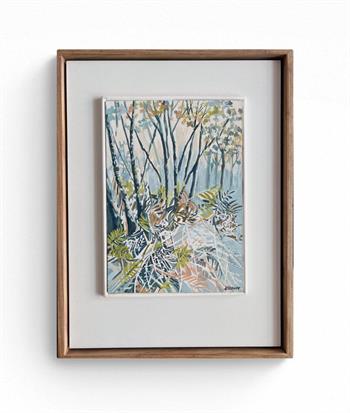 Painting on wood panel of a forest glade in a kiaat wood frame