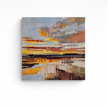 small abstract landscape oil painting of a sunset over water with landscape in the distance