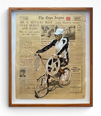 painting on newspaper of a young man on his bicycle