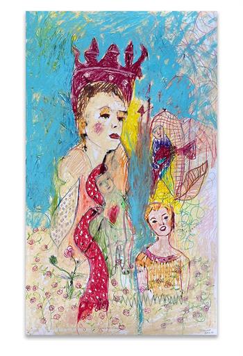 expressionist painting on paper of a woman wearing a crooked crown