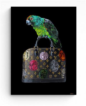 realism painting of a parrot perched on a Louis Vuitton handbag
