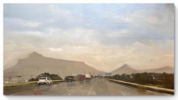 large painting of traffic streaming into Cape Town with Table Mountain in the distance