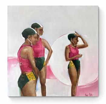 large oil painting of female lifesavers in pink and green swimming costumes