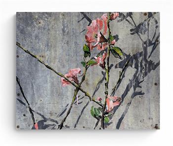 picture of a painting of flowers against a weathered metal backdrop