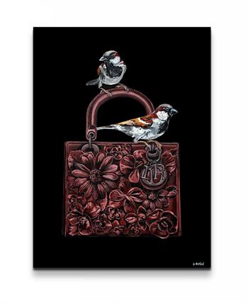 painting of two sparrows perched on a vintage leather bag