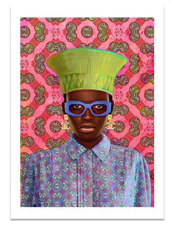 pop art picture of an African woman wearing blue glasses and a green hat