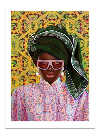 pop art picture of an African woman wearing pink glasses and green turban