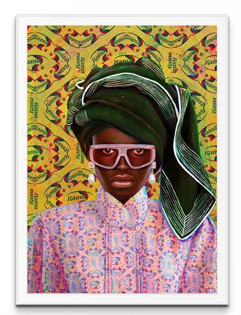 pop art picture of an African woman wearing pink glasses and green turban