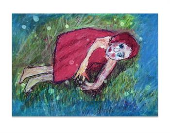 small painting on paper of a woman lying coiled on the floor