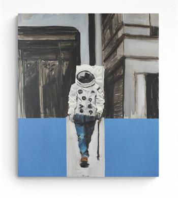 painting of an astronaut with buildings in the background