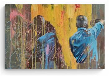 street art style painting on canvas of two men in blue overalls working