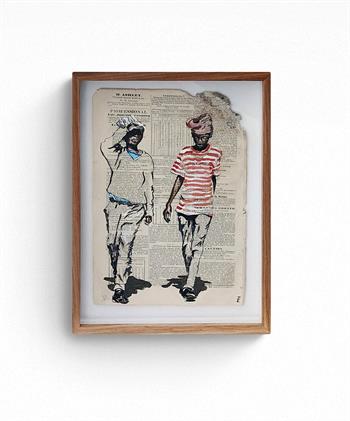 framed painting on historical sheet of Gazette paper of two boys walkings