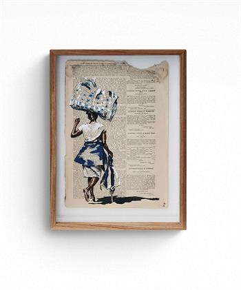 framed painting on sheet of historical Gazette of an African woman carrying goods on her head