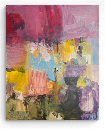 Abstract oil painting with layered pink, magenta, blue, yellow, violet and olive-green brushwork, titled Backyard by Tanja Truscott.