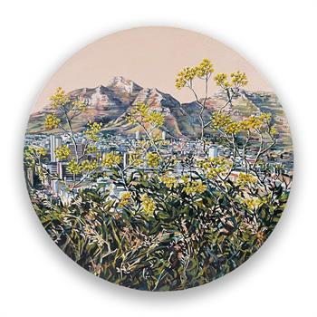 round painting with hand embroidery of Cape Town city centre
