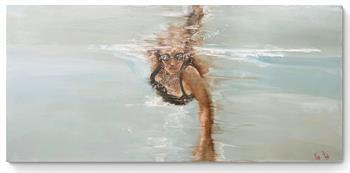 large oil painting of a woman swimming