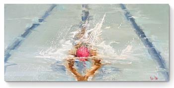 large oil painting of a swimmer wearing a pink swim cap