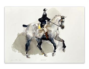 ink on paper painting of a horse and rider competing in a dressage event