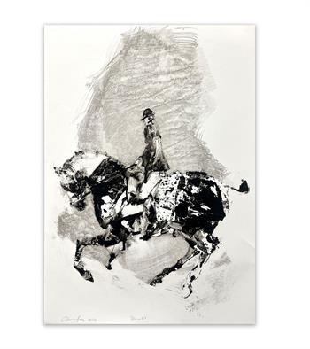 black acrylic painting on white paper of a horse and rider by Pascale Chandler