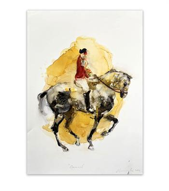 painting on paper of a horse and rider competing in a show event