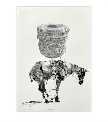 painting of a tired horse with a roll of barbed wire floating above