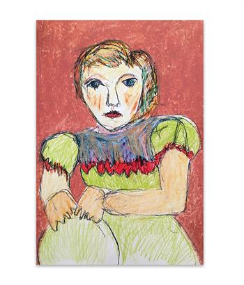 naive drawing in crayon on paper of a woman with red hair