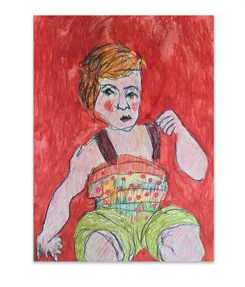 a crayon drawing of a childlike figure on paper, wearing a romper suit